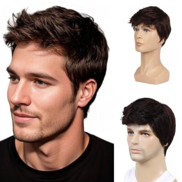 Men Short Brown Wig Handsome Male Daily Costume Synthetic Full Wigs Natural